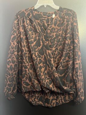 Tahari Brown and Black Leopard-Print Draped Blouse